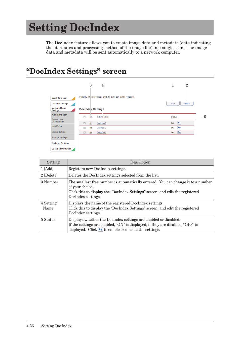 Setting docindex, Docindex settings” screen, Setting docindex -36 | Docindex settings” screen -36 | Konica Minolta bizhub 25e User Manual | Page 117 / 140