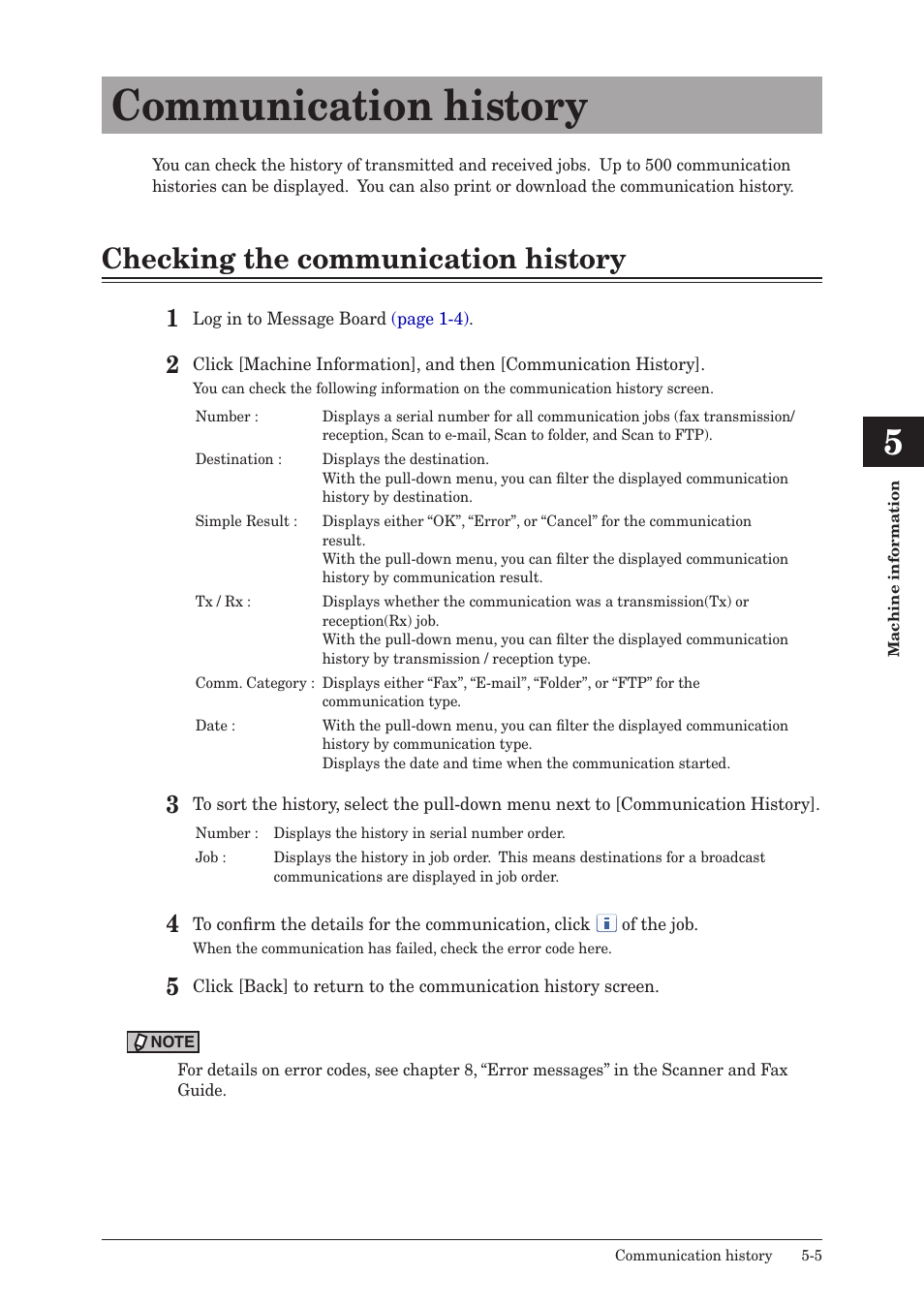 Communication history, Checking the communication history, Communication history -5 | Checking the communication history -5 | Konica Minolta bizhub 25e User Manual | Page 128 / 140