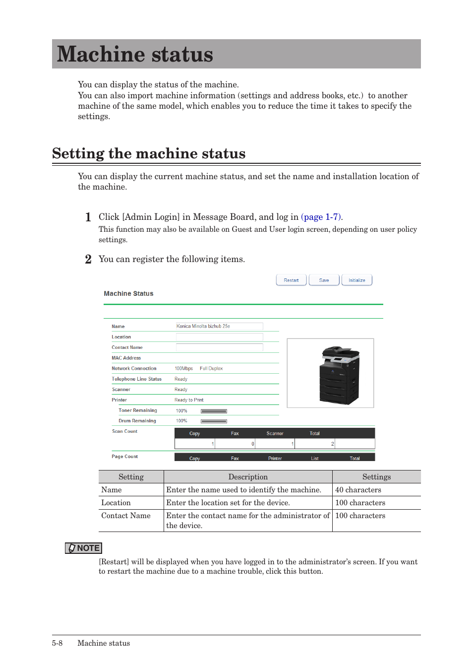 Machine status, Setting the machine status, Machine status -8 | Setting the machine status -8 | Konica Minolta bizhub 25e User Manual | Page 131 / 140