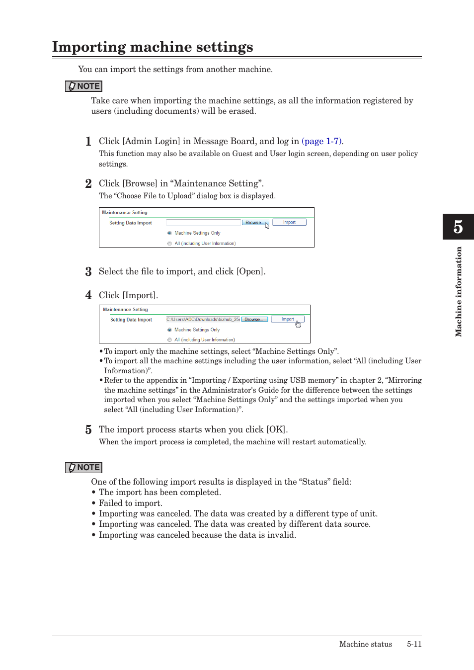 Importing machine settings, Importing machine settings -11 | Konica Minolta bizhub 25e User Manual | Page 134 / 140