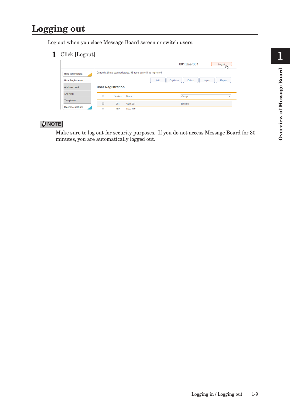 Logging out, Logging out -9 | Konica Minolta bizhub 25e User Manual | Page 16 / 140