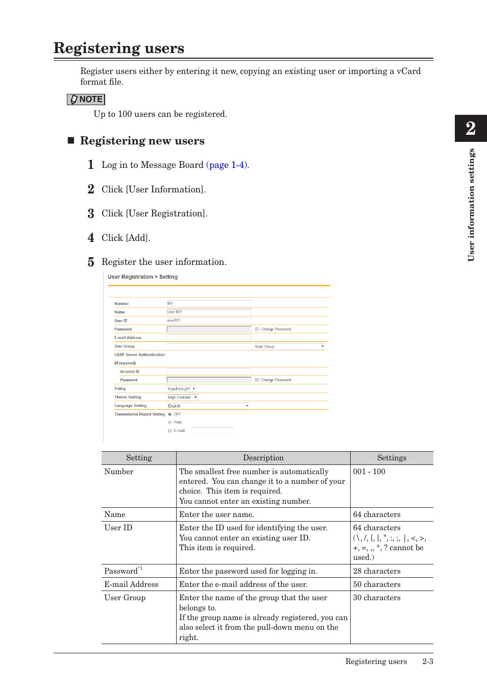 Registering users, Registering users -3, Registering new users | Konica Minolta bizhub 25e User Manual | Page 22 / 140