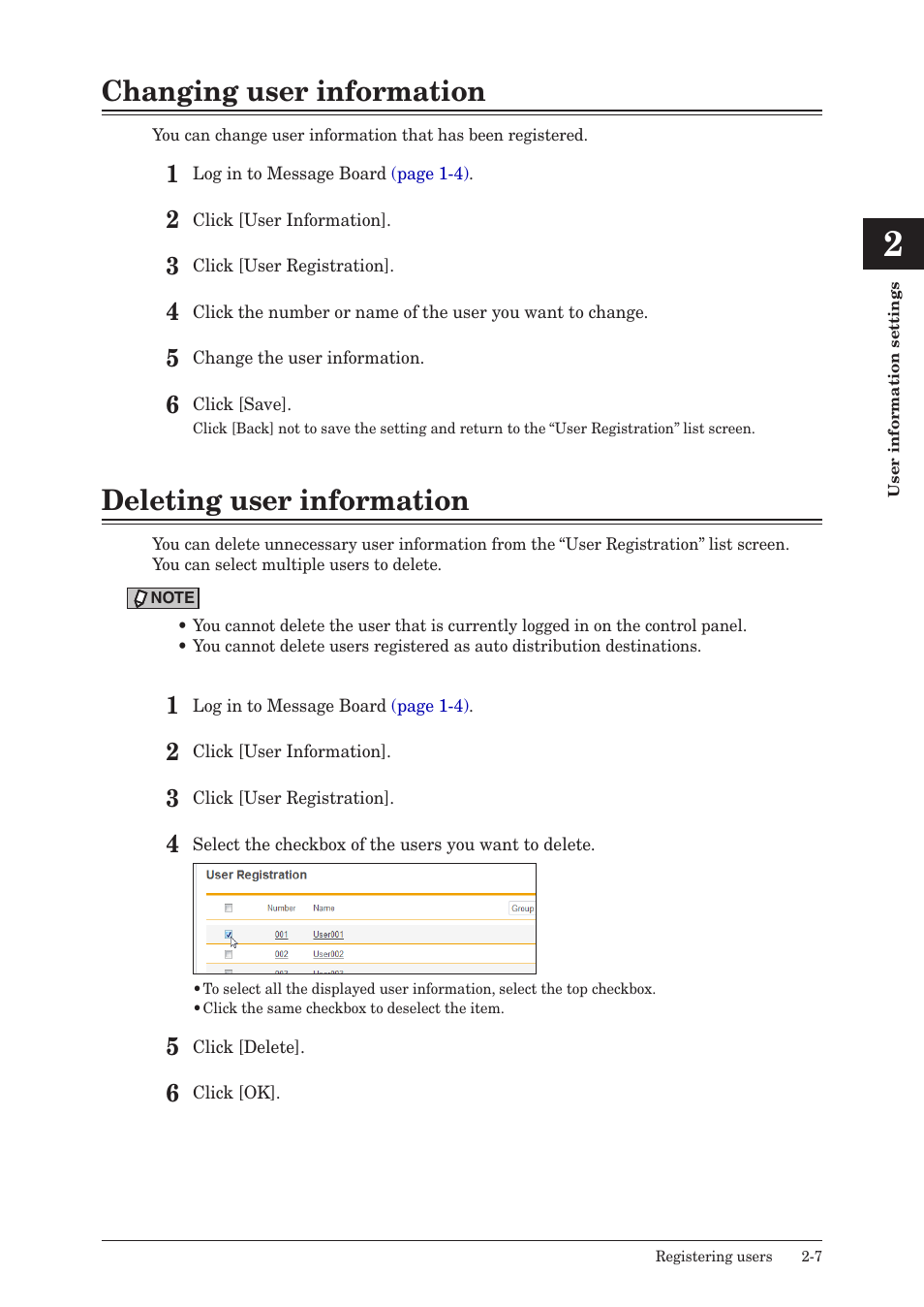 Changing user information, Deleting user information | Konica Minolta bizhub 25e User Manual | Page 26 / 140