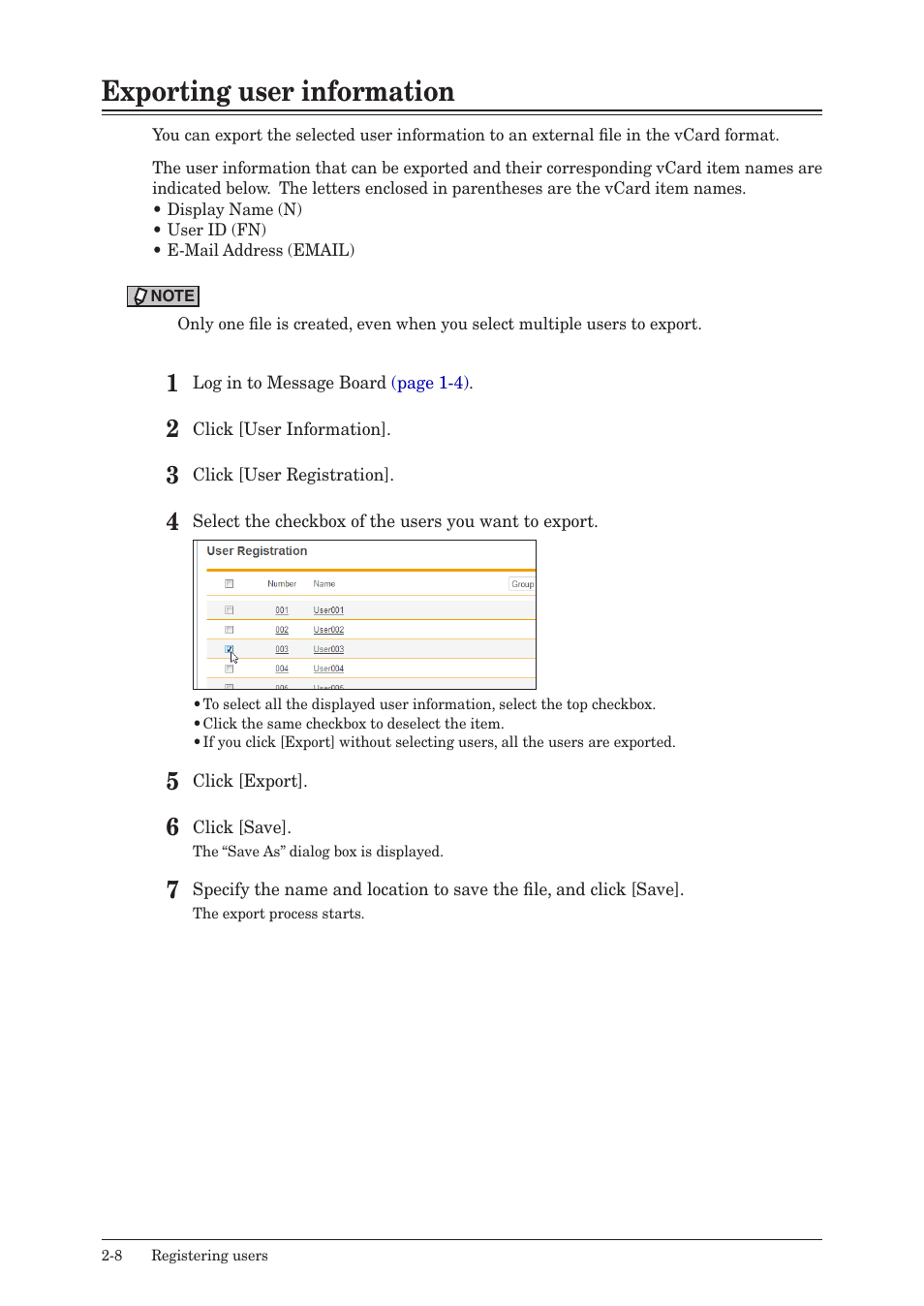 Exporting user information, Exporting user information -8 | Konica Minolta bizhub 25e User Manual | Page 27 / 140