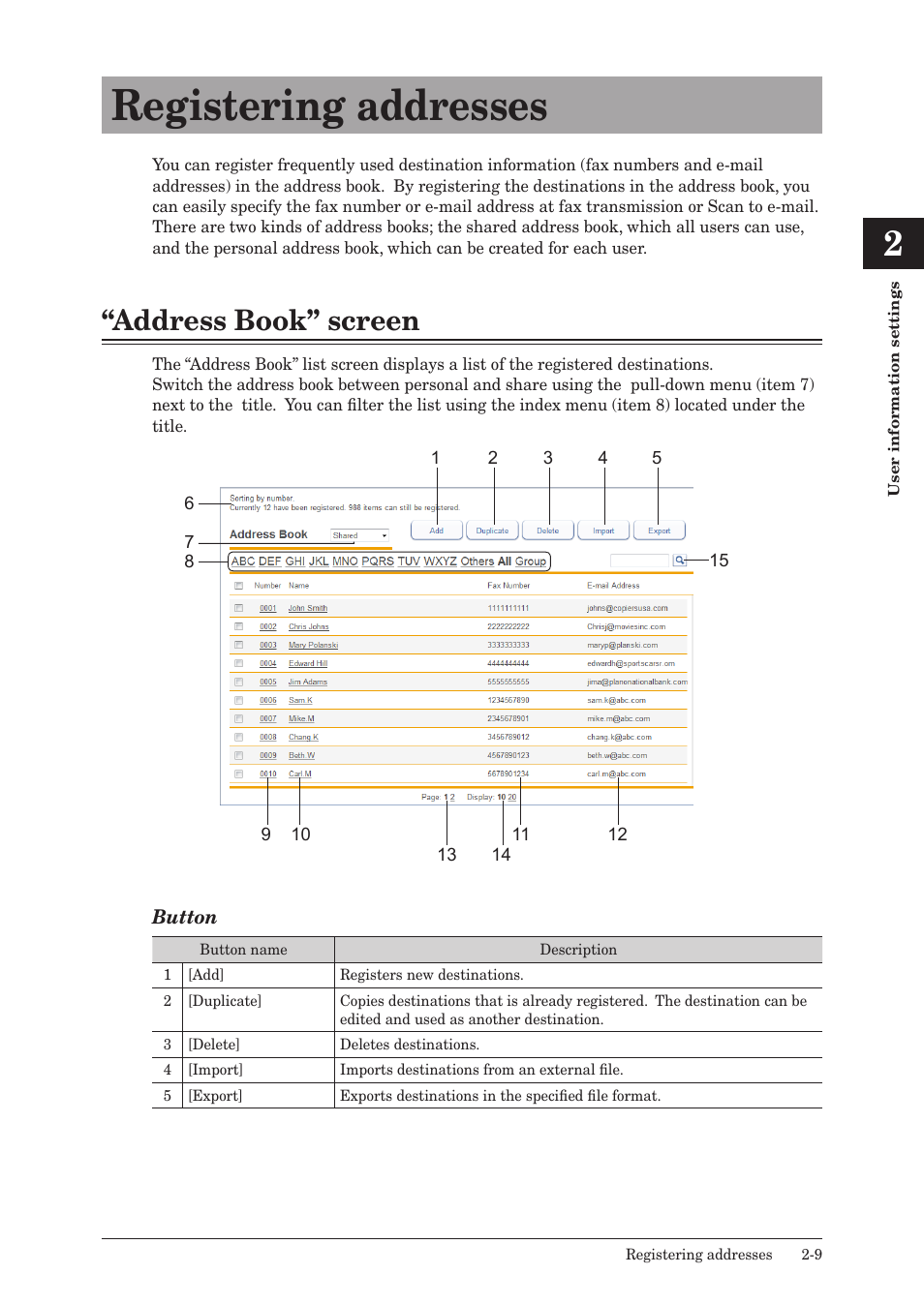 Registering addresses, Address book” screen, Registering addresses -9 | Address book” screen -9 | Konica Minolta bizhub 25e User Manual | Page 28 / 140