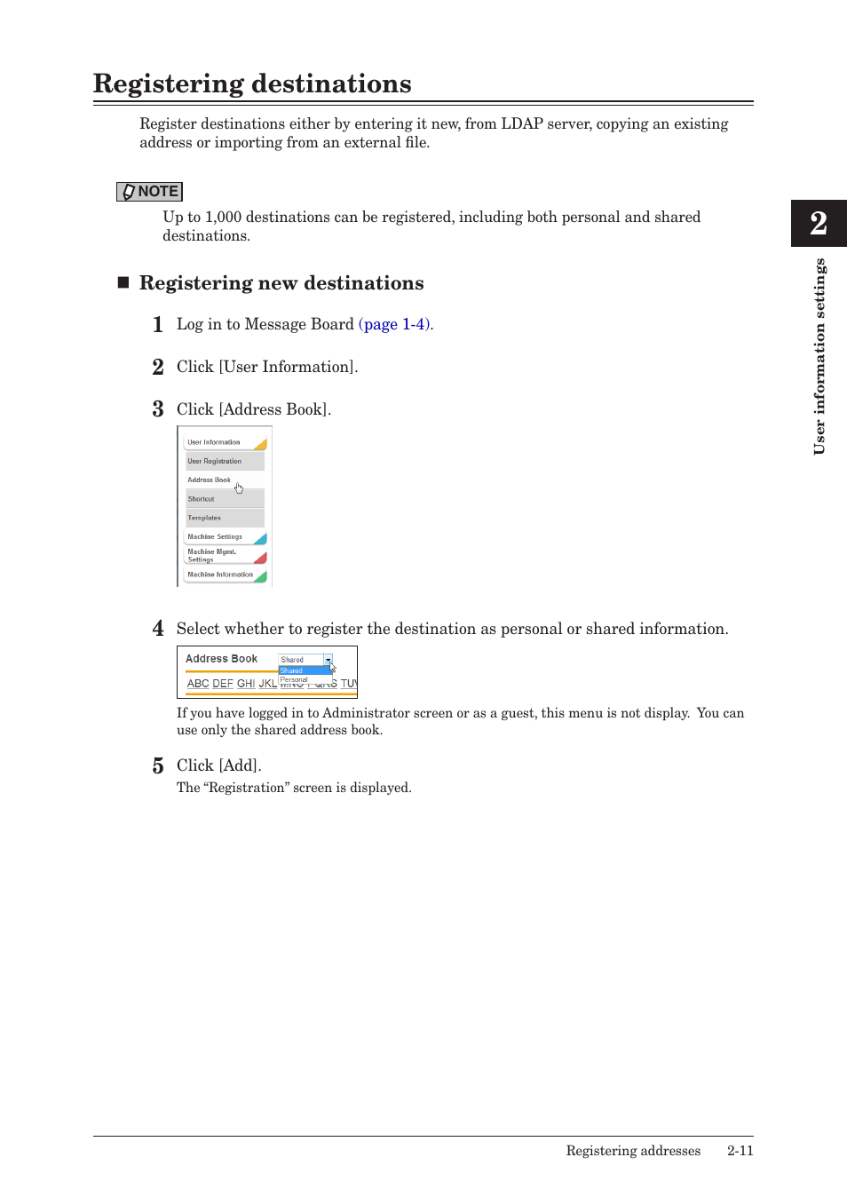 Registering destinations, Registering destinations -11 | Konica Minolta bizhub 25e User Manual | Page 30 / 140