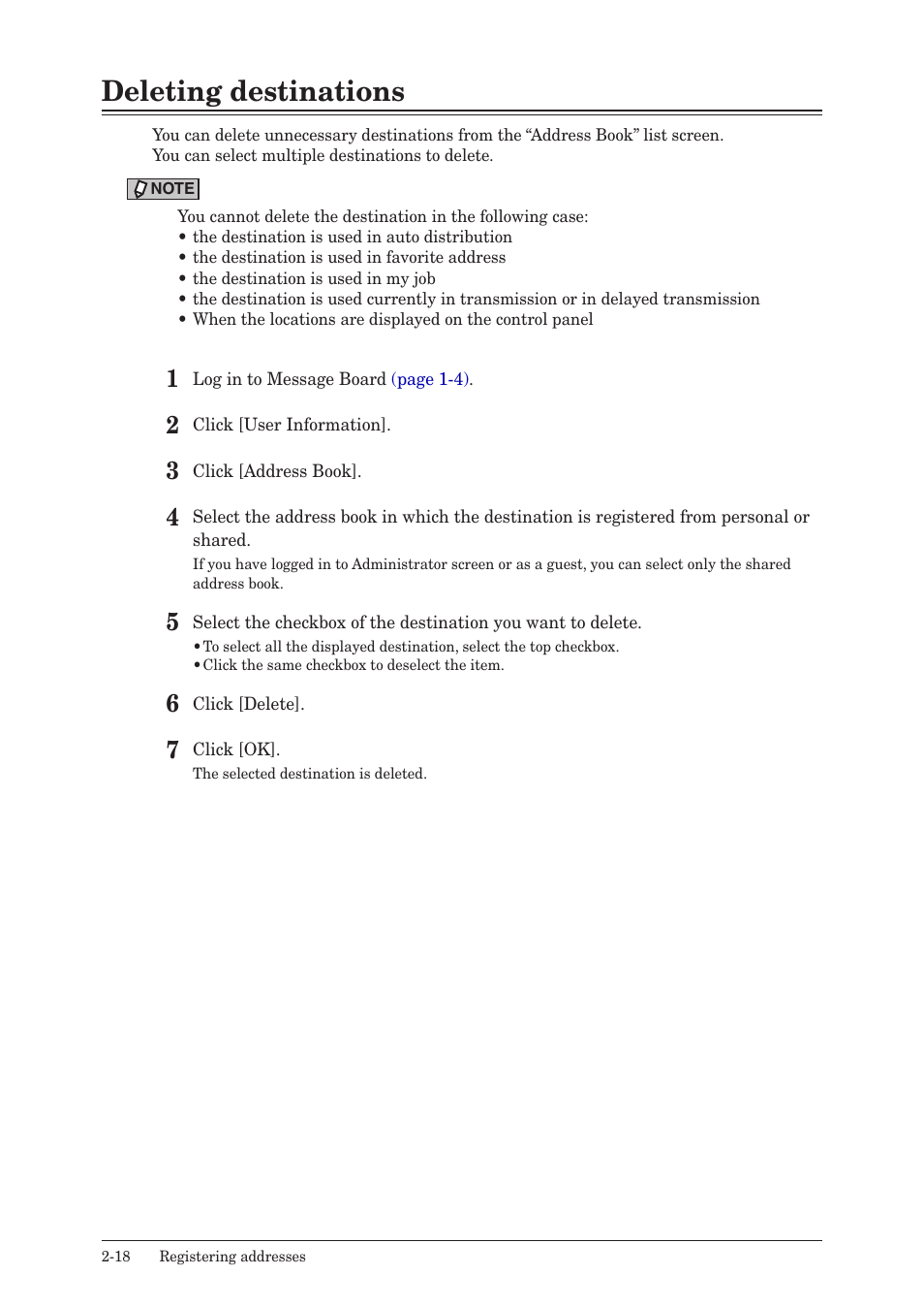 Deleting destinations, Deleting destinations -18 | Konica Minolta bizhub 25e User Manual | Page 37 / 140