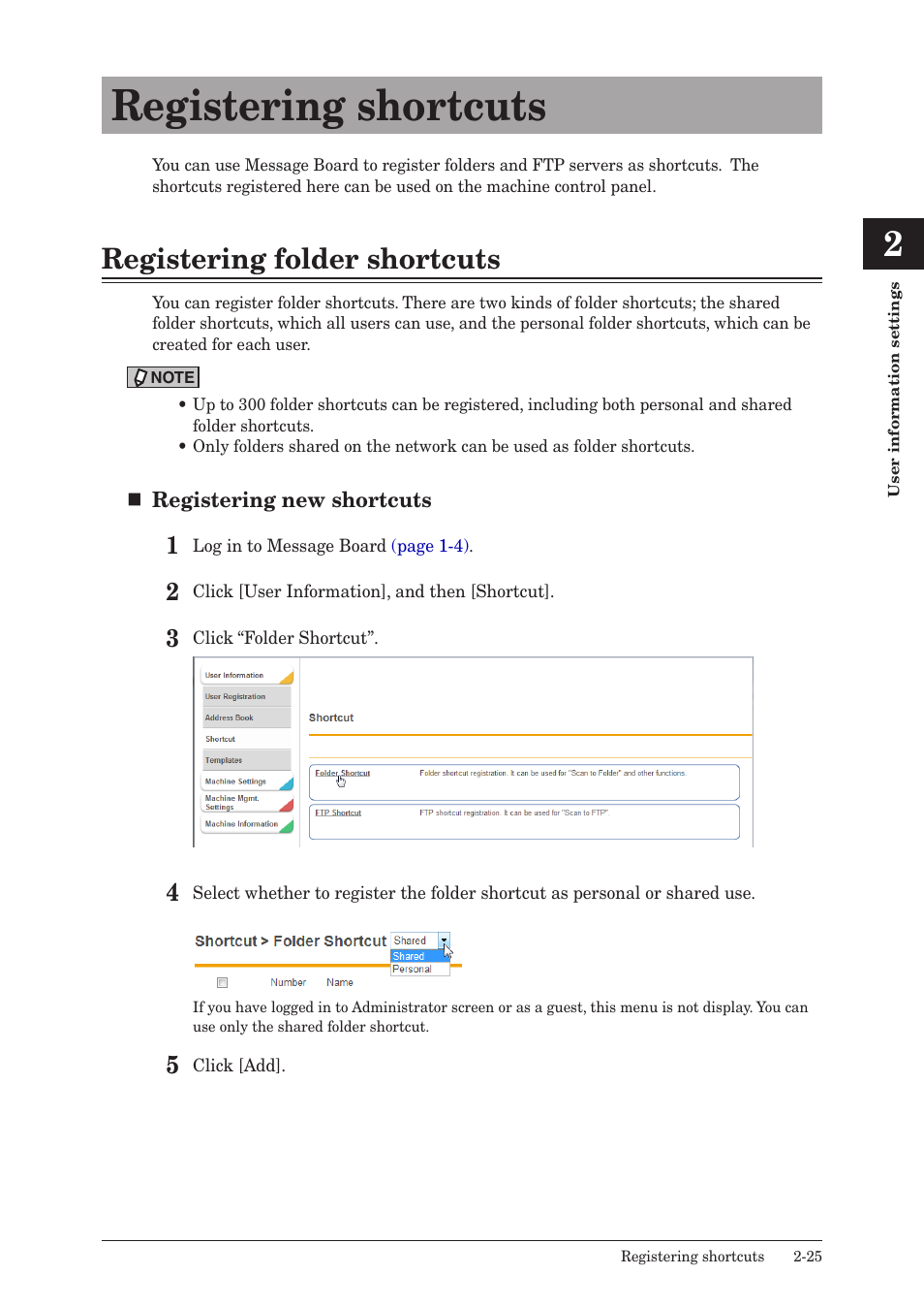 Registering shortcuts, Registering folder shortcuts, Registering shortcuts -25 | Registering folder shortcuts -25 | Konica Minolta bizhub 25e User Manual | Page 44 / 140