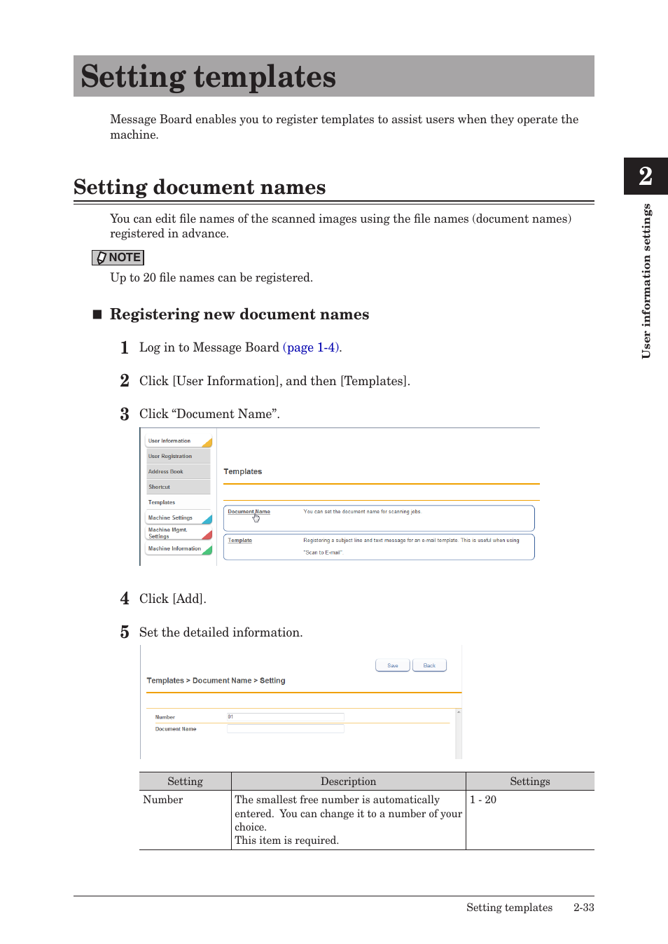 Setting templates, Setting document names, Setting templates -33 | Setting document names -33 | Konica Minolta bizhub 25e User Manual | Page 52 / 140