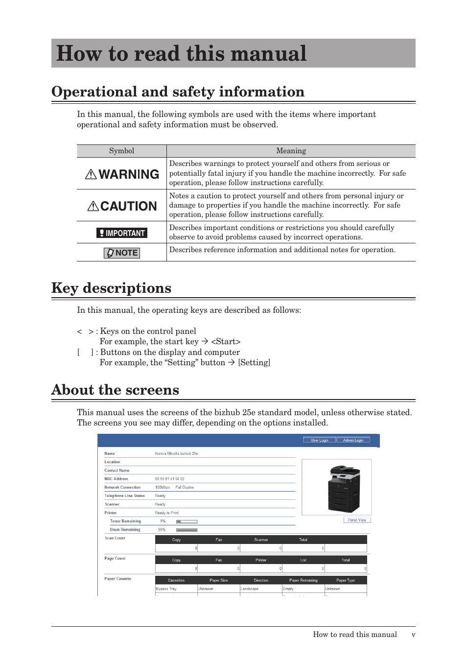 How to read this manual, Operational and safety information, Key descriptions | About the screens | Konica Minolta bizhub 25e User Manual | Page 6 / 140