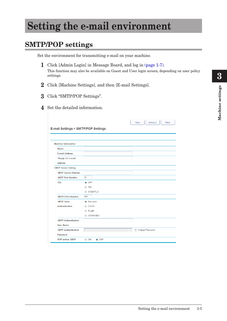 Setting the e-mail environment, Smtp/pop settings, Setting the e-mail environment -5 | Smtp/pop settings -5 | Konica Minolta bizhub 25e User Manual | Page 62 / 140