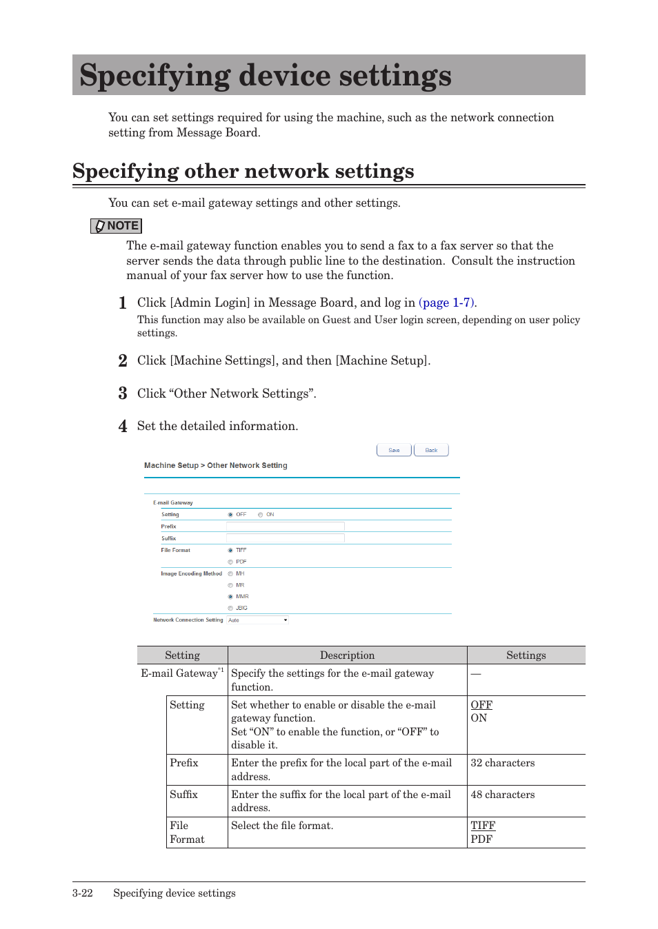 Specifying device settings, Specifying other network settings, Specifying device settings -22 | Specifying other network settings -22 | Konica Minolta bizhub 25e User Manual | Page 79 / 140