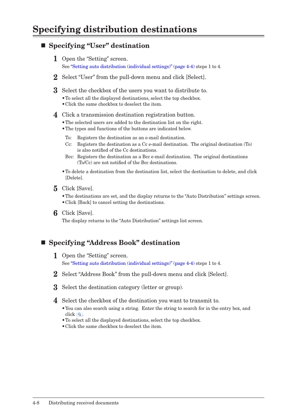 Specifying distribution destinations, Specifying distribution destinations -8 | Konica Minolta bizhub 25e User Manual | Page 89 / 140