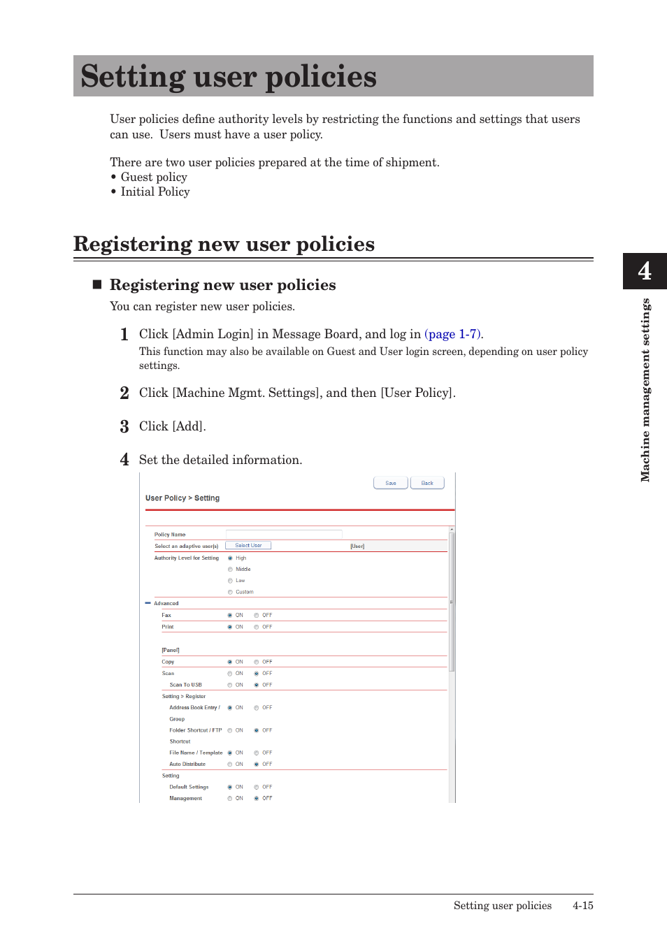Setting user policies, Registering new user policies, Setting user policies -15 | Registering new user policies -15 | Konica Minolta bizhub 25e User Manual | Page 96 / 140