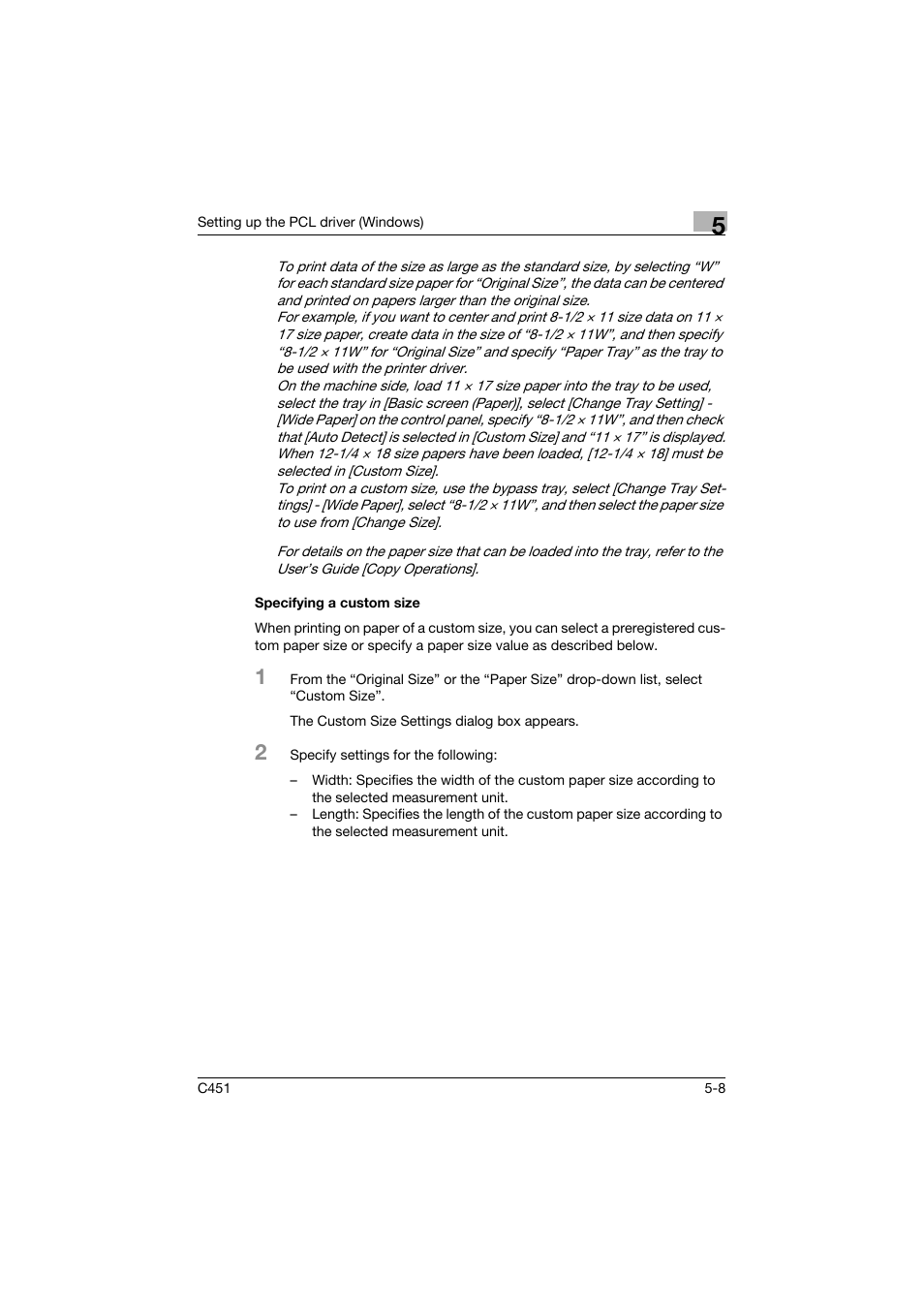 Specifying a custom size, Specifying a custom size -8 | Konica Minolta bizhub C451 User Manual | Page 153 / 432