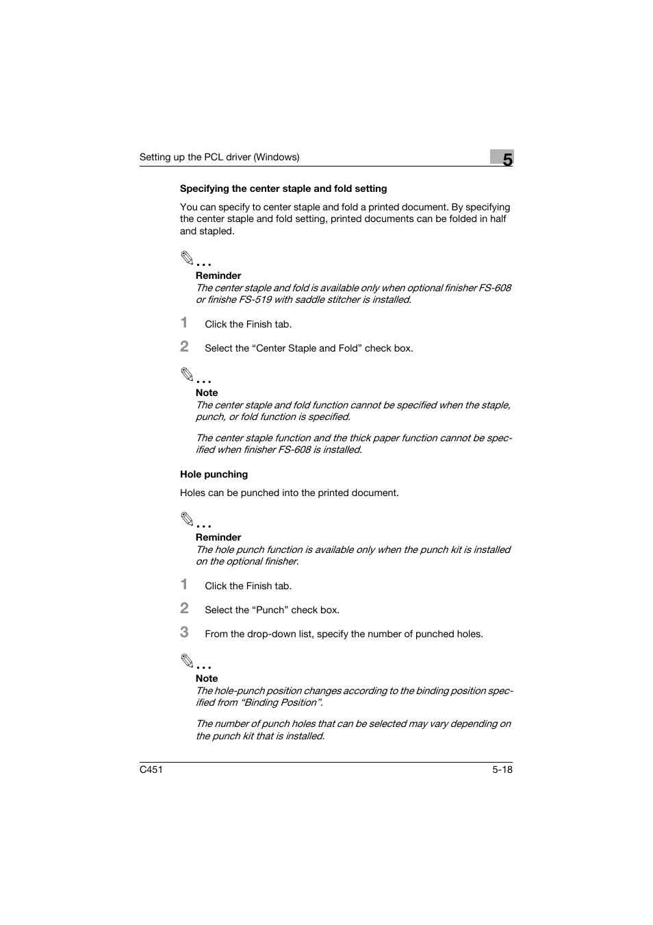 Specifying the center staple and fold setting, Hole punching | Konica Minolta bizhub C451 User Manual | Page 163 / 432