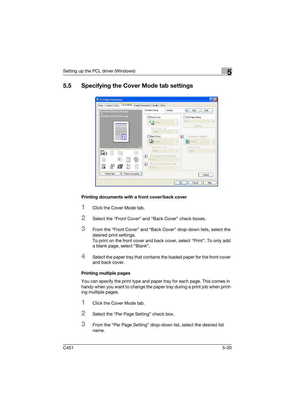 5 specifying the cover mode tab settings, Printing documents with a front cover/back cover, Specifying the cover mode tab settings -20 | Konica Minolta bizhub C451 User Manual | Page 165 / 432