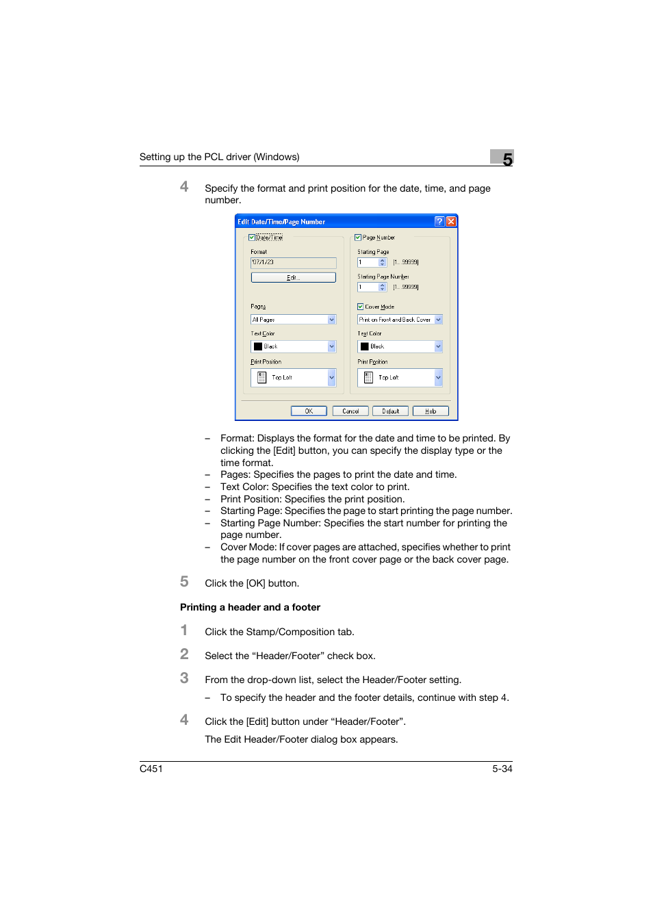 Printing a header and a footer, Printing a header and a footer -34 | Konica Minolta bizhub C451 User Manual | Page 179 / 432