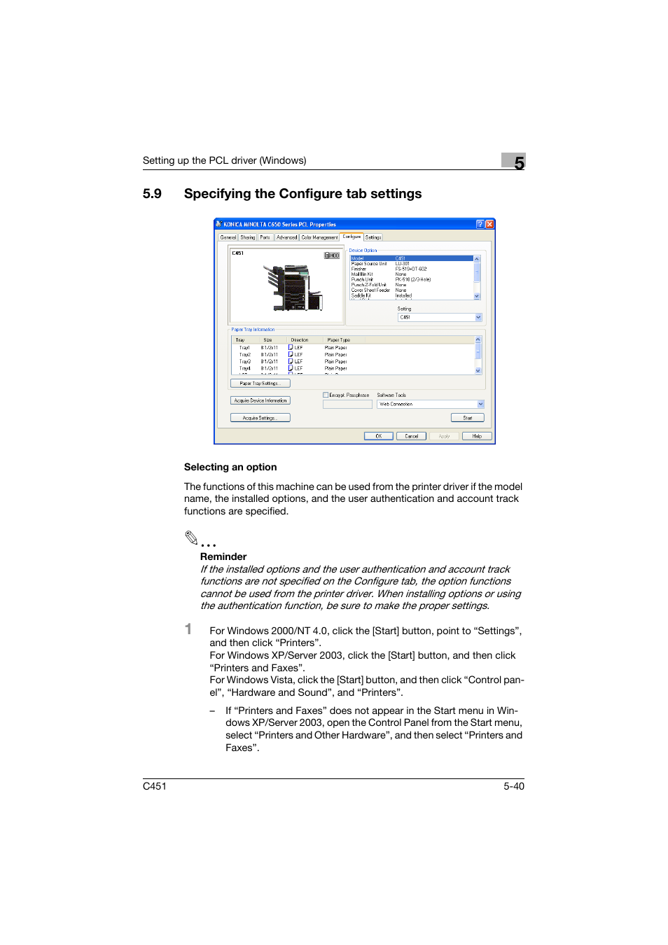 9 specifying the configure tab settings, Selecting an option, Specifying the configure tab settings -40 | Selecting an option -40 | Konica Minolta bizhub C451 User Manual | Page 185 / 432