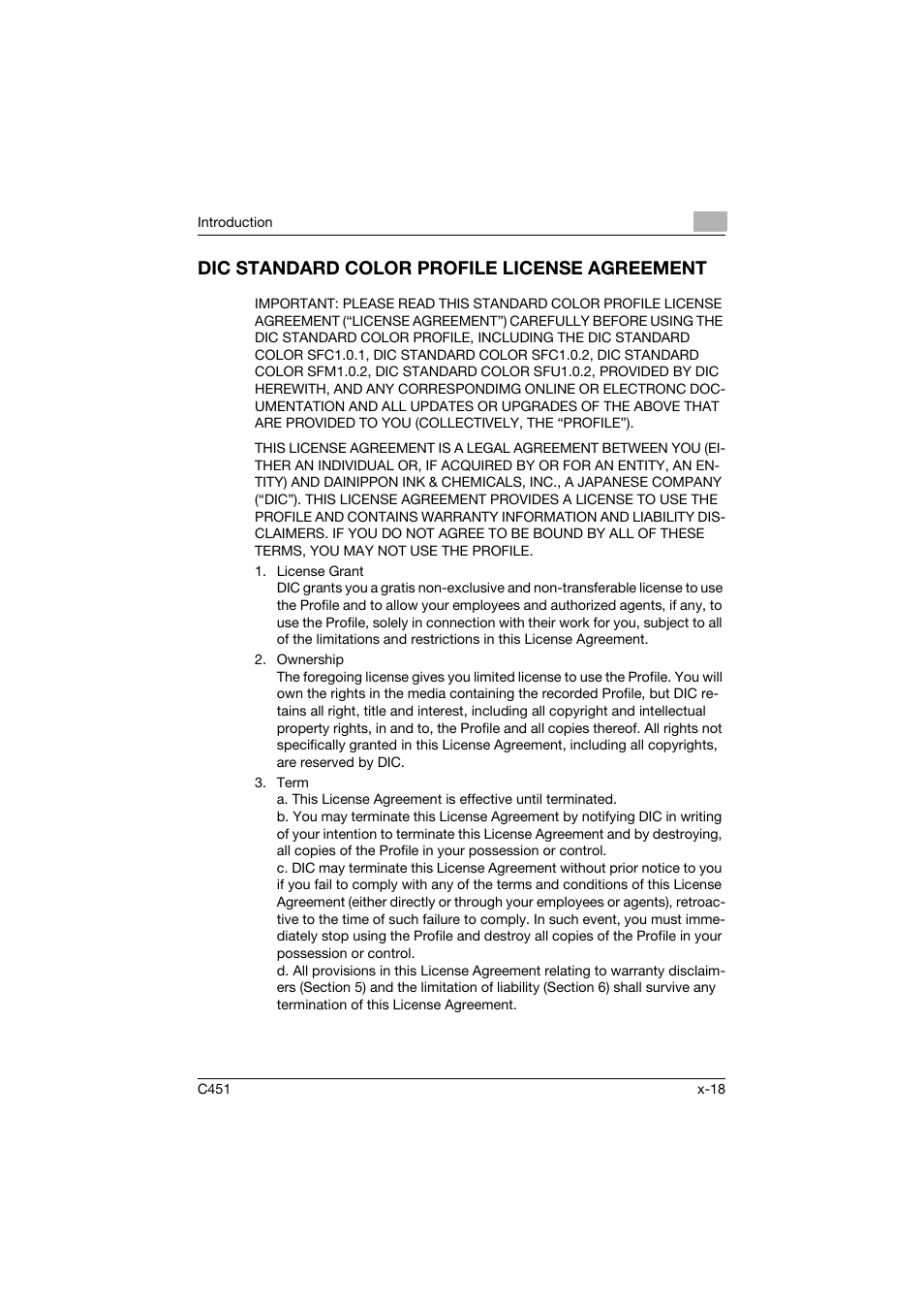 Dic standard color profile license agreement | Konica Minolta bizhub C451 User Manual | Page 19 / 432