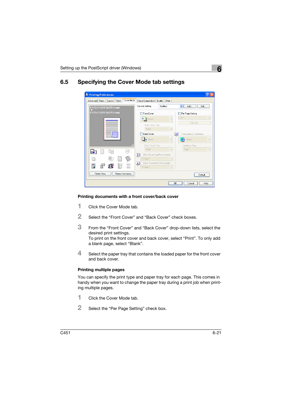 5 specifying the cover mode tab settings, Printing documents with a front cover/back cover, Specifying the cover mode tab settings -21 | Konica Minolta bizhub C451 User Manual | Page 216 / 432