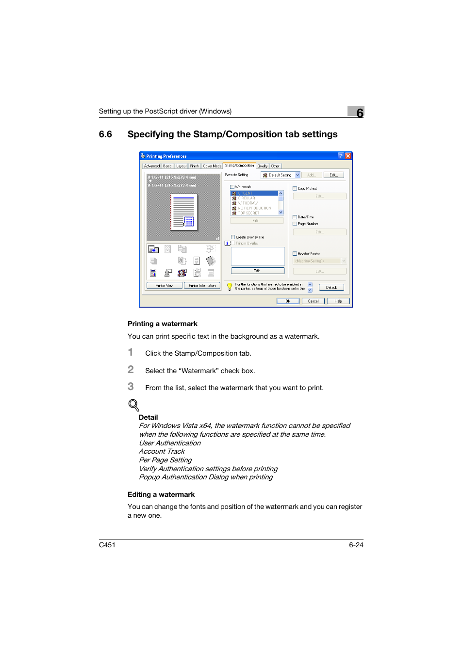 6 specifying the stamp/composition tab settings, Printing a watermark, Editing a watermark | Specifying the stamp/composition tab settings -24, Printing a watermark -24 editing a watermark -24 | Konica Minolta bizhub C451 User Manual | Page 219 / 432