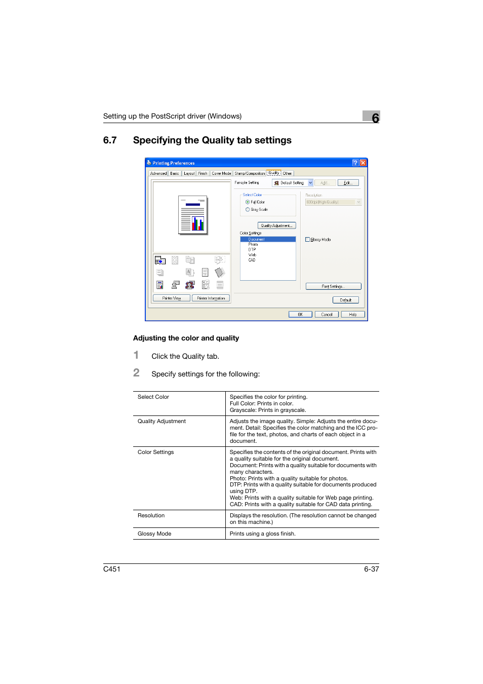 7 specifying the quality tab settings, Adjusting the color and quality, Specifying the quality tab settings -37 | Adjusting the color and quality -37 | Konica Minolta bizhub C451 User Manual | Page 232 / 432