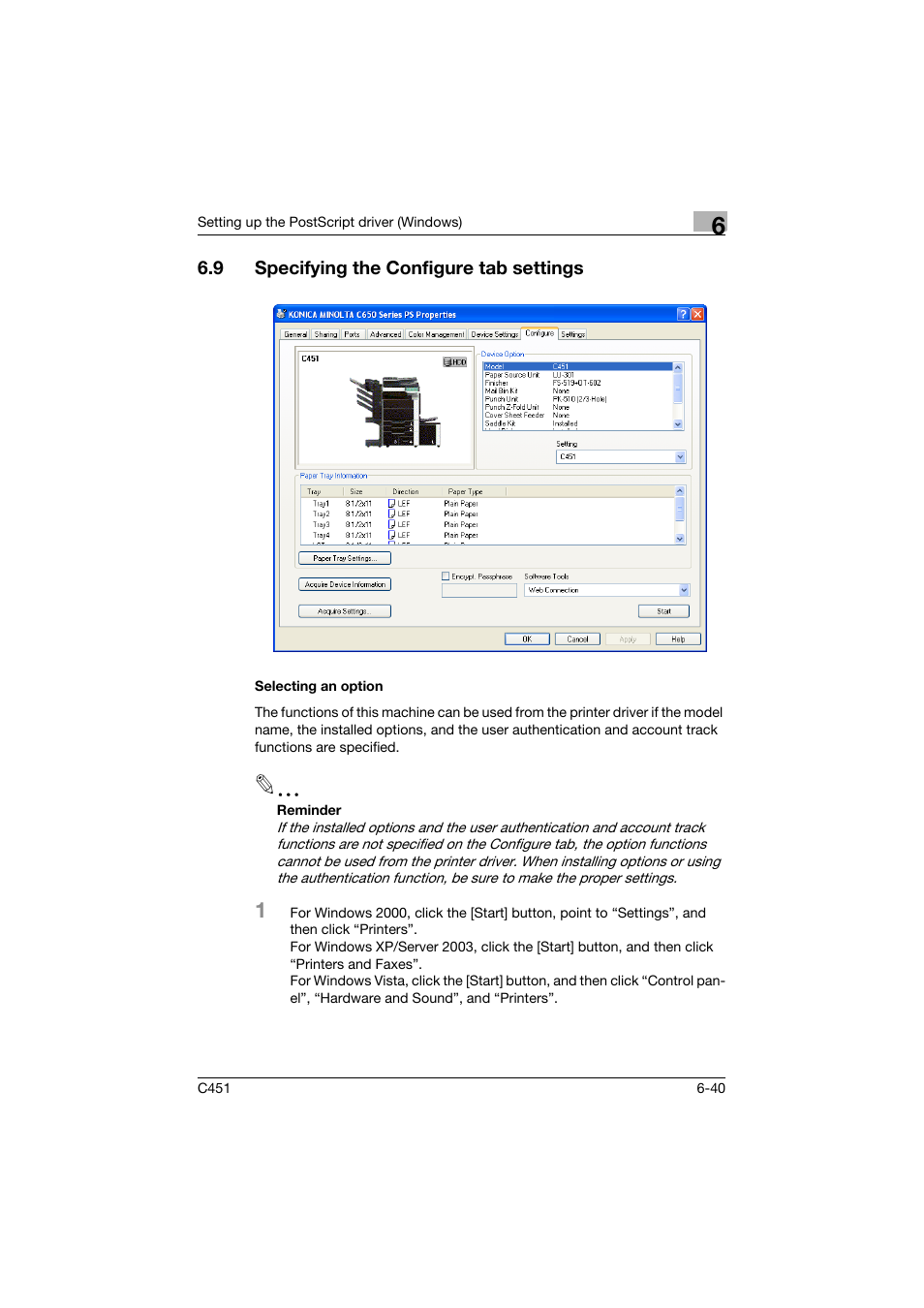 9 specifying the configure tab settings, Selecting an option, Specifying the configure tab settings -40 | Selecting an option -40 | Konica Minolta bizhub C451 User Manual | Page 235 / 432