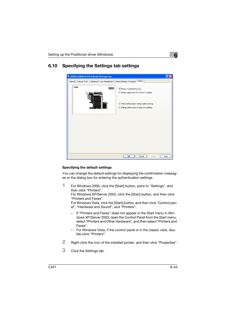 10 specifying the settings tab settings, Specifying the default settings, Specifying the settings tab settings -44 | Specifying the default settings -44 | Konica Minolta bizhub C451 User Manual | Page 239 / 432