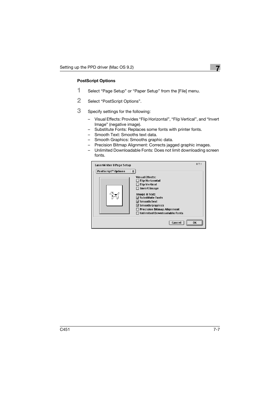 Postscript options, Postscript options -7 | Konica Minolta bizhub C451 User Manual | Page 253 / 432