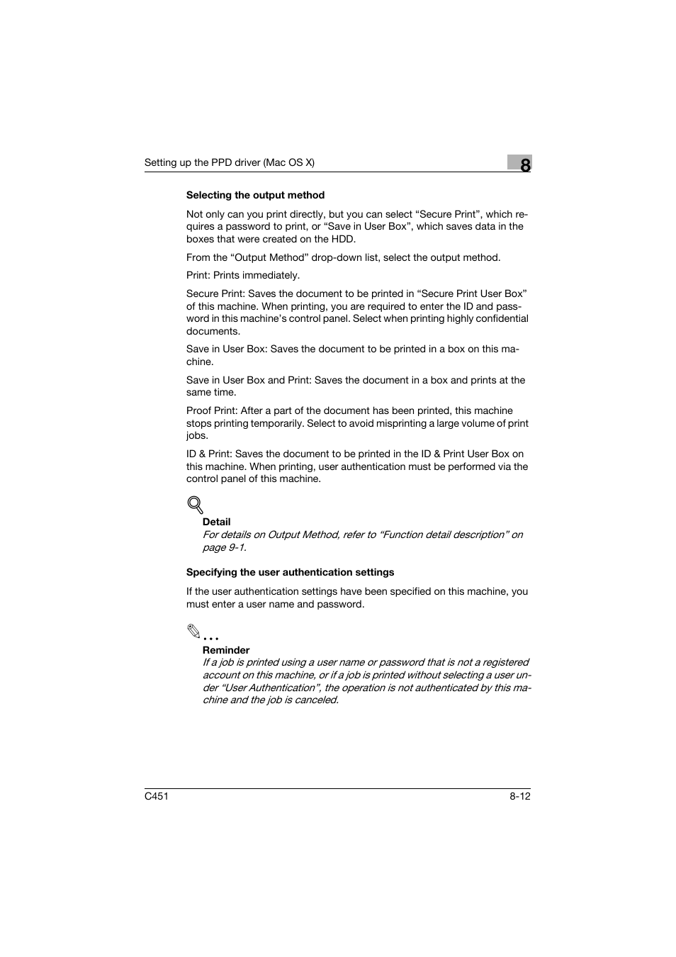 Selecting the output method, Specifying the user authentication settings | Konica Minolta bizhub C451 User Manual | Page 270 / 432