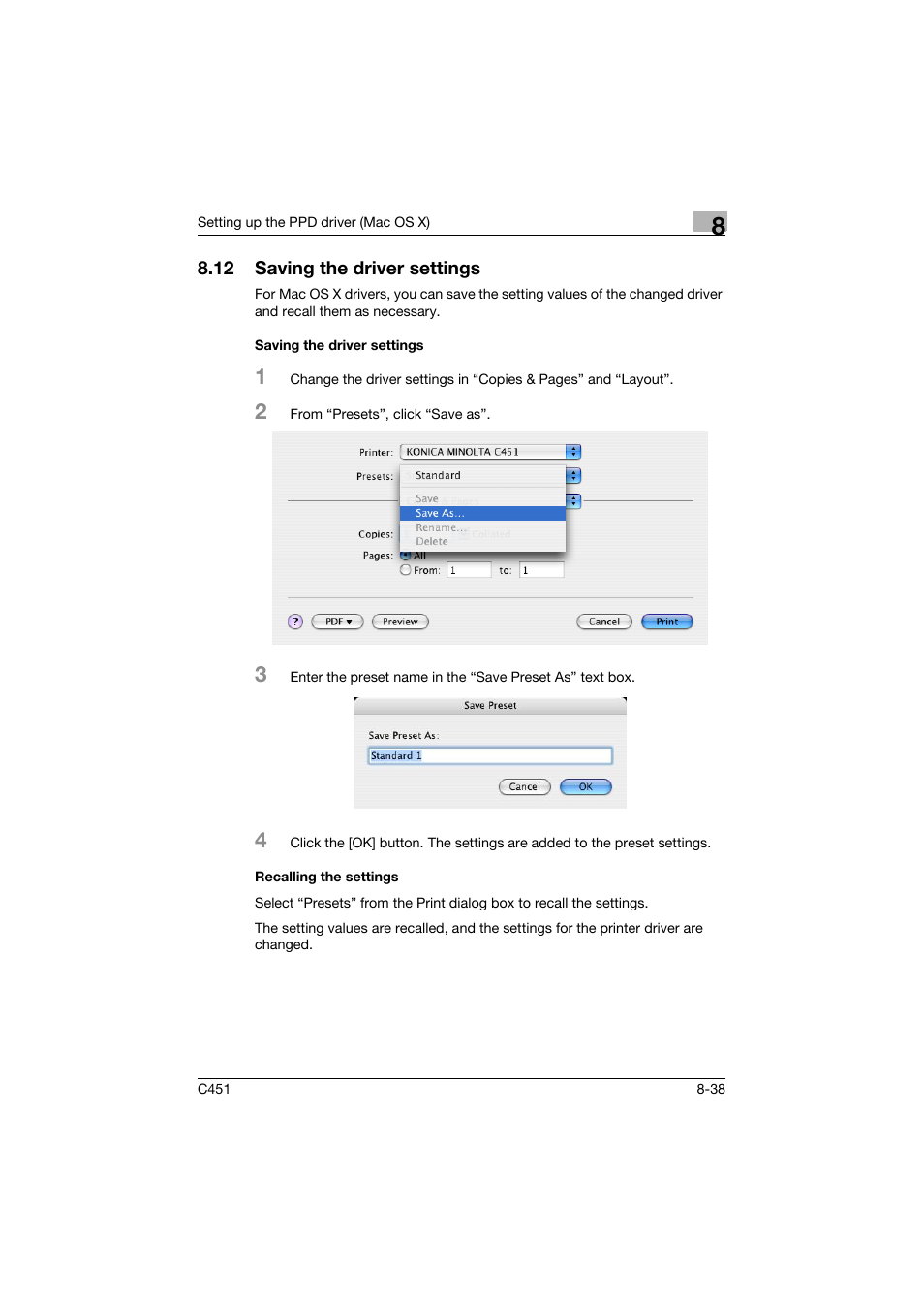 12 saving the driver settings, Saving the driver settings, Recalling the settings | Saving the driver settings -38 | Konica Minolta bizhub C451 User Manual | Page 296 / 432