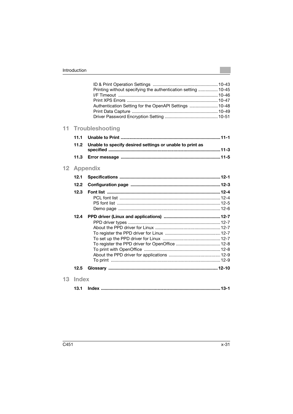 11 troubleshooting, 12 appendix, 13 index | Konica Minolta bizhub C451 User Manual | Page 32 / 432