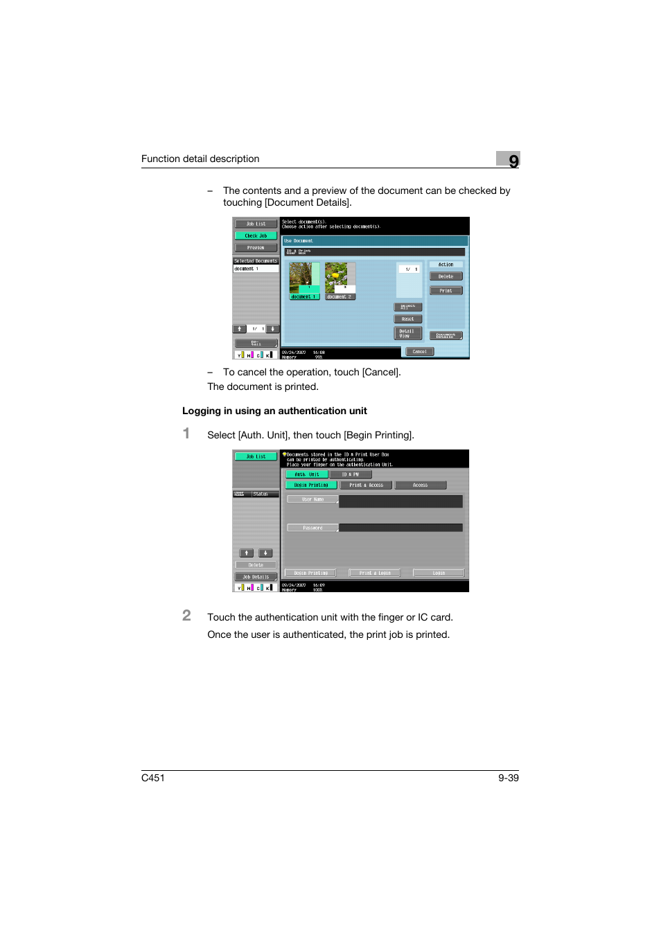 Logging in using an authentication unit, Logging in using an authentication unit -39 | Konica Minolta bizhub C451 User Manual | Page 336 / 432