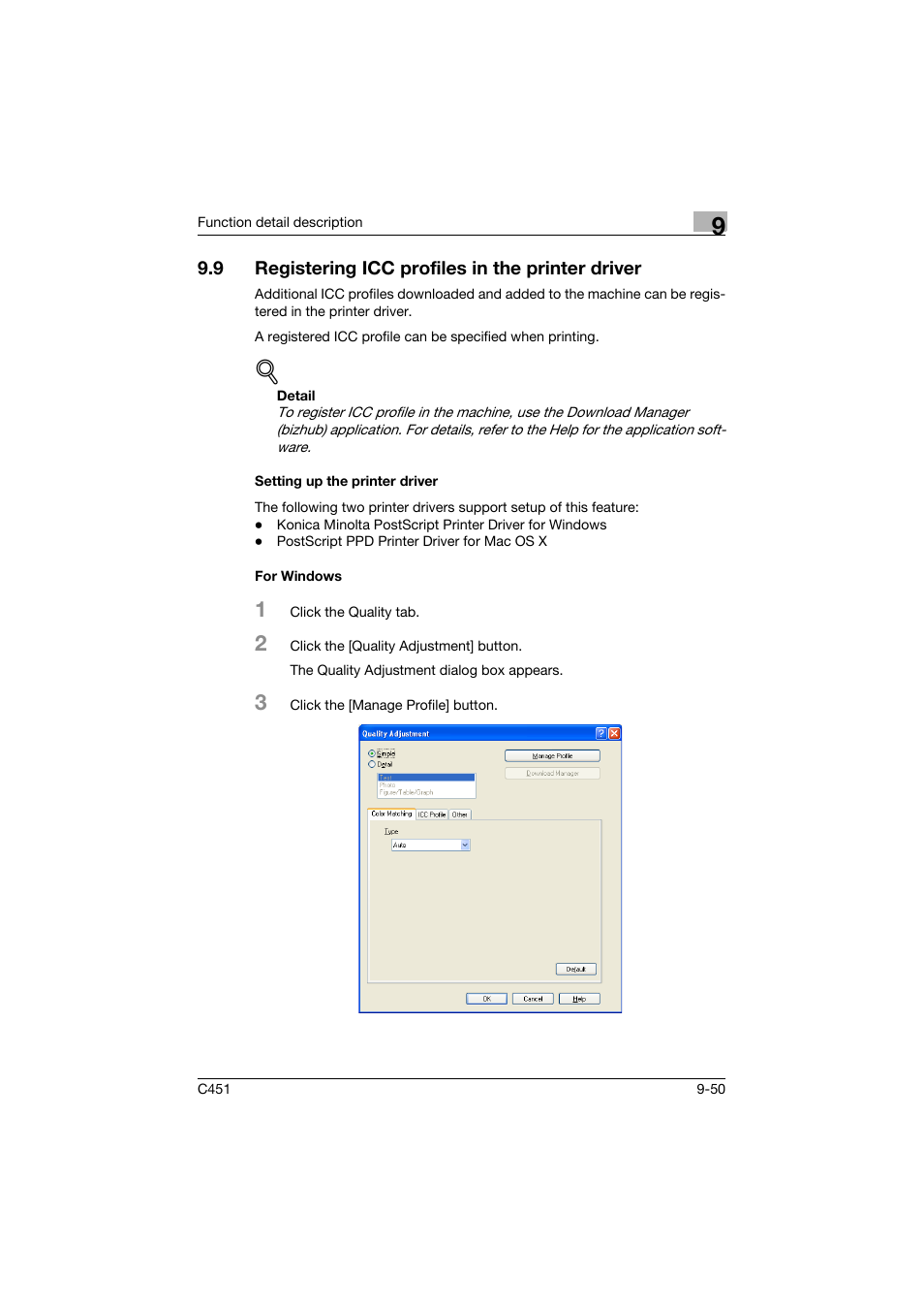 9 registering icc profiles in the printer driver, Setting up the printer driver, For windows | Registering icc profiles in the printer driver -50, Setting up the printer driver -50 for windows -50 | Konica Minolta bizhub C451 User Manual | Page 347 / 432