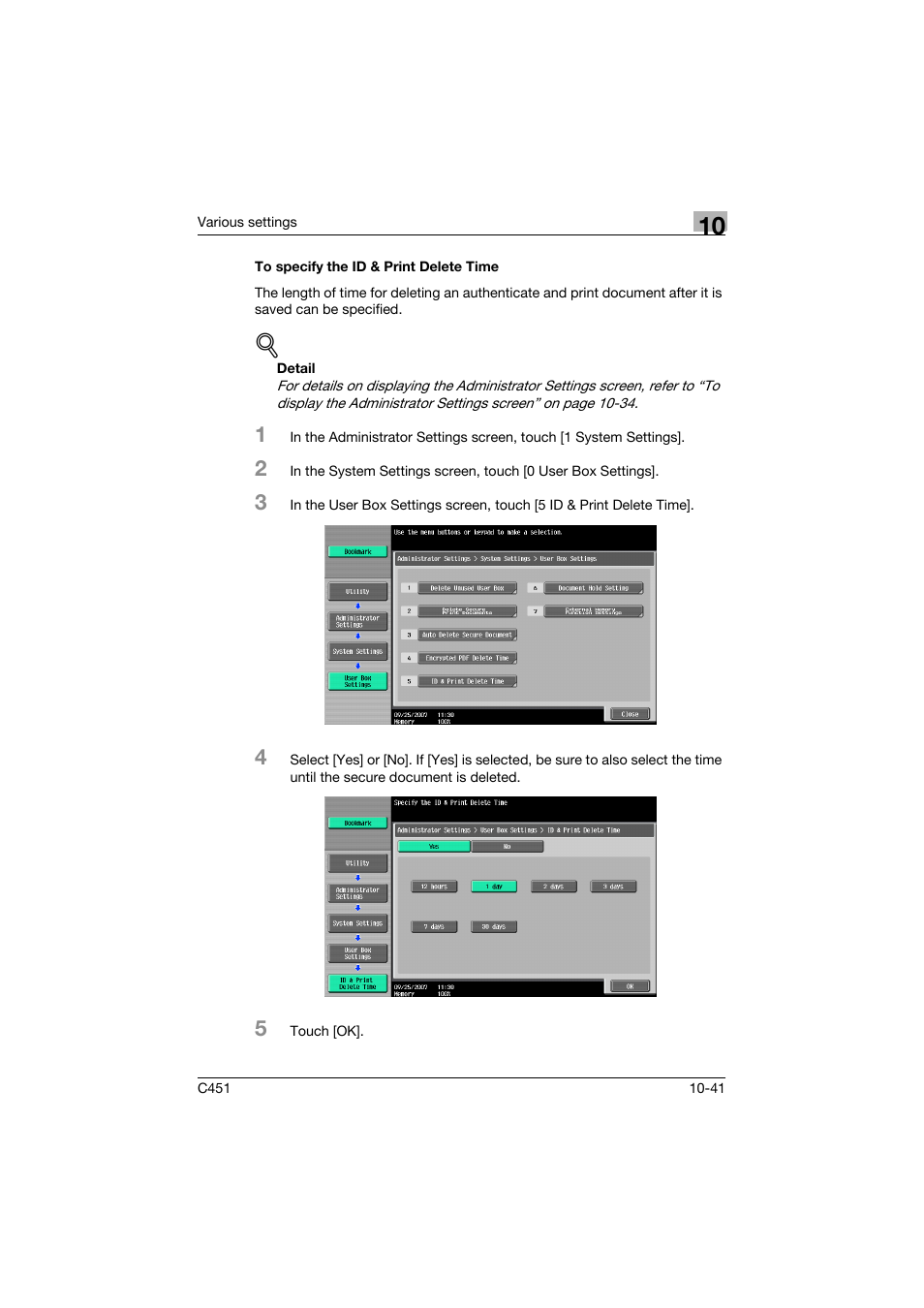 To specify the id & print delete time, To specify the id & print delete time -41 | Konica Minolta bizhub C451 User Manual | Page 397 / 432