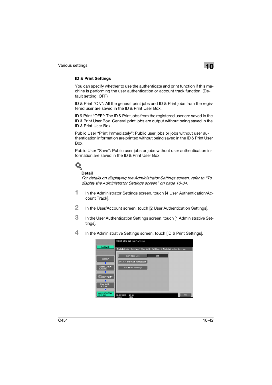 Id & print settings, Id & print settings -42 | Konica Minolta bizhub C451 User Manual | Page 398 / 432