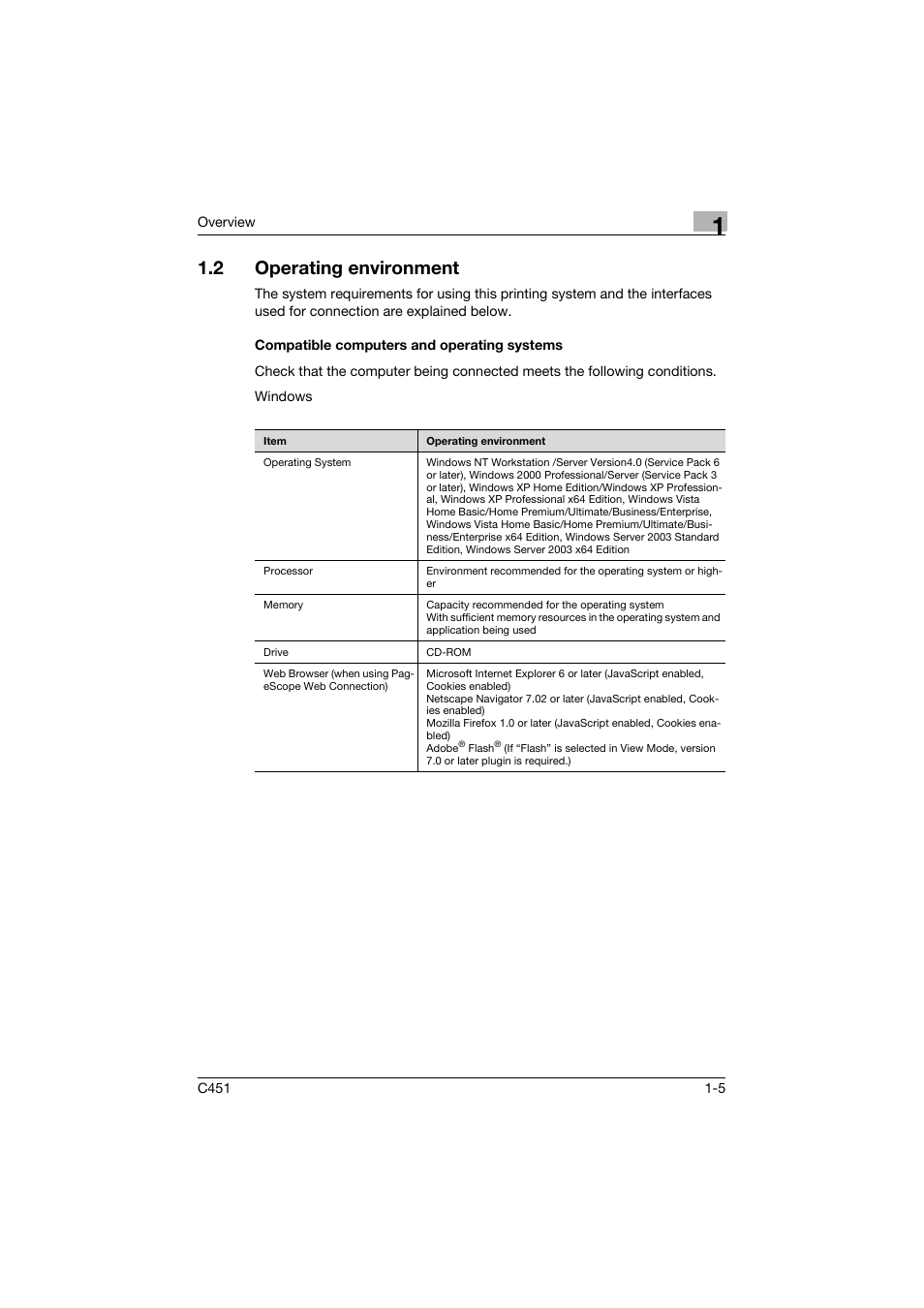 2 operating environment, Compatible computers and operating systems, Operating environment -5 | Compatible computers and operating systems -5 | Konica Minolta bizhub C451 User Manual | Page 40 / 432