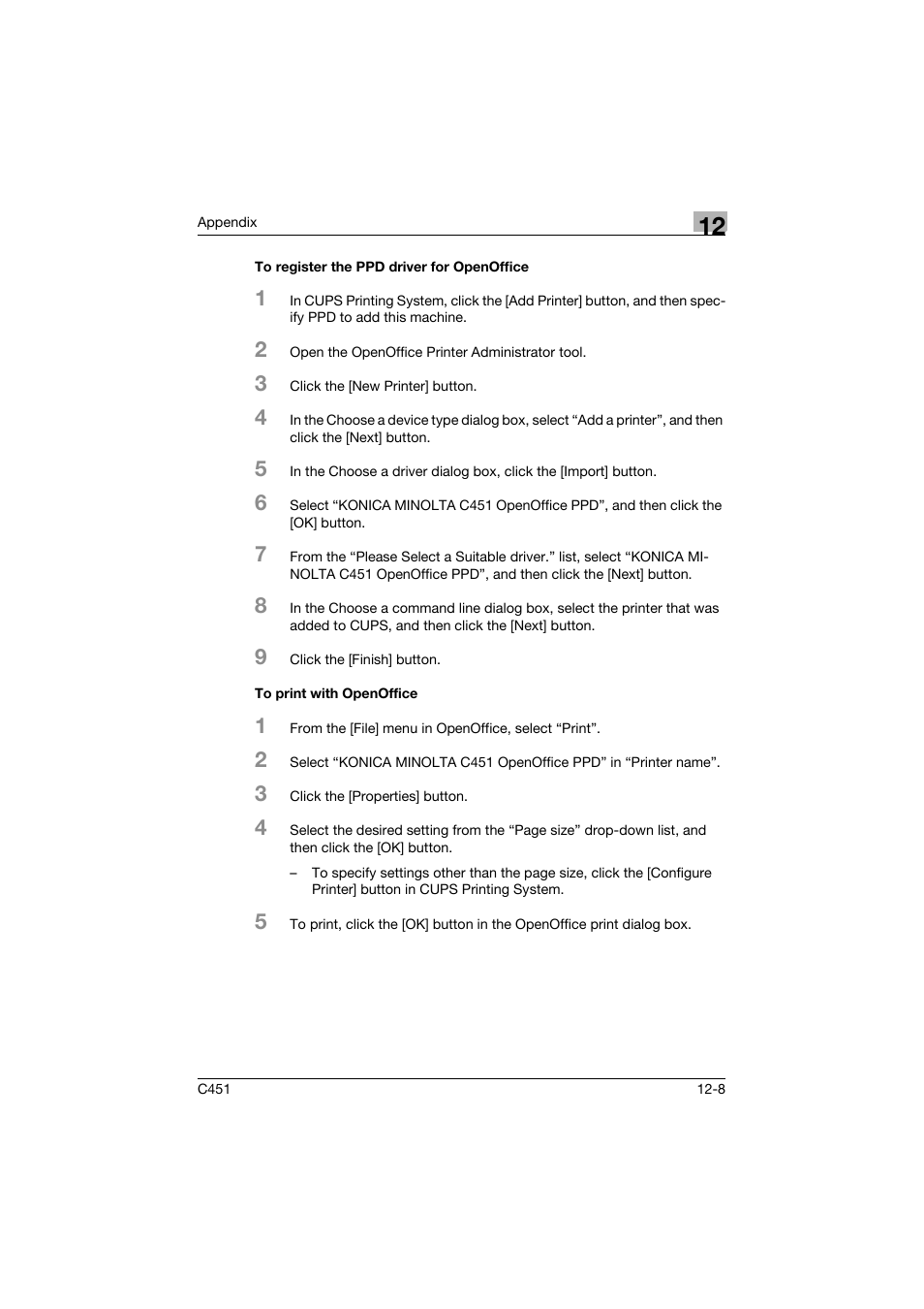 To register the ppd driver for openoffice, To print with openoffice | Konica Minolta bizhub C451 User Manual | Page 421 / 432