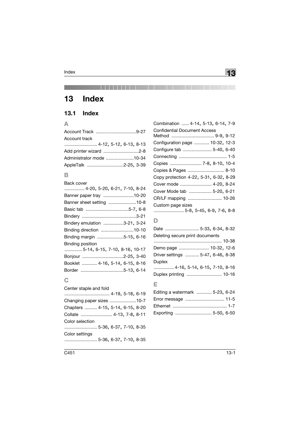 13 index, 1 index, A to e | Index -1 | Konica Minolta bizhub C451 User Manual | Page 428 / 432