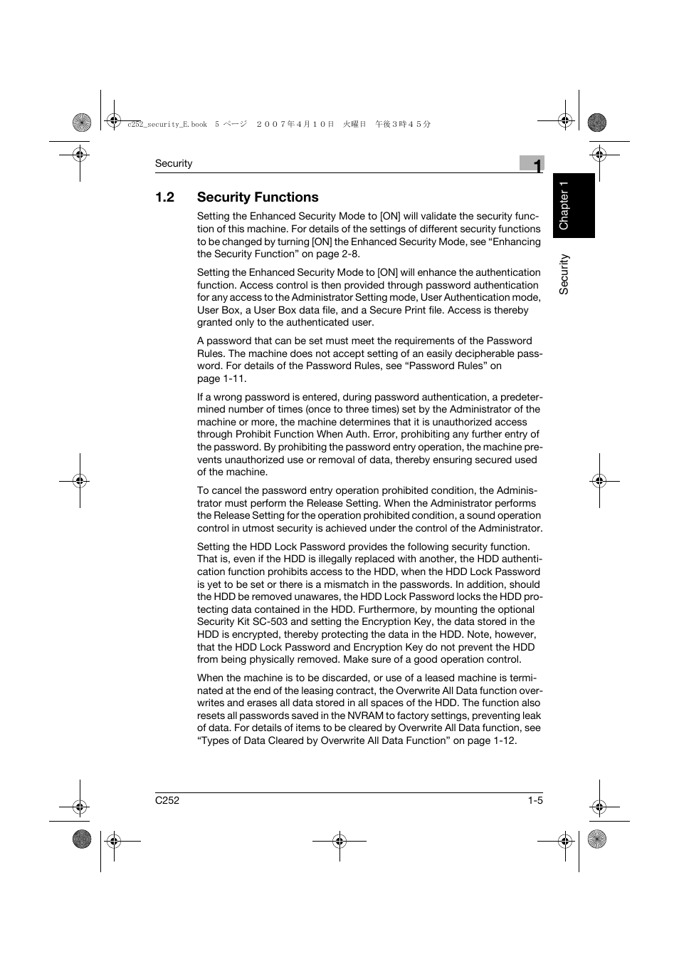 2 security functions, Security functions -5 | Konica Minolta BIZHUB C252 User Manual | Page 12 / 188