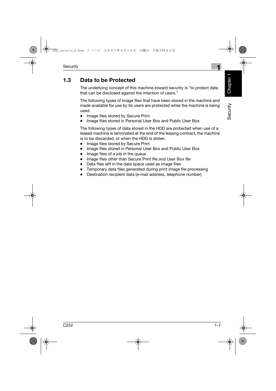 3 data to be protected, Data to be protected -7 | Konica Minolta BIZHUB C252 User Manual | Page 14 / 188
