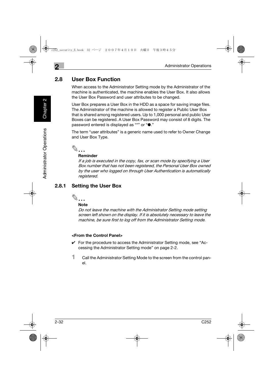 8 user box function, 1 setting the user box, From the control panel | User box function -32 | Konica Minolta BIZHUB C252 User Manual | Page 51 / 188