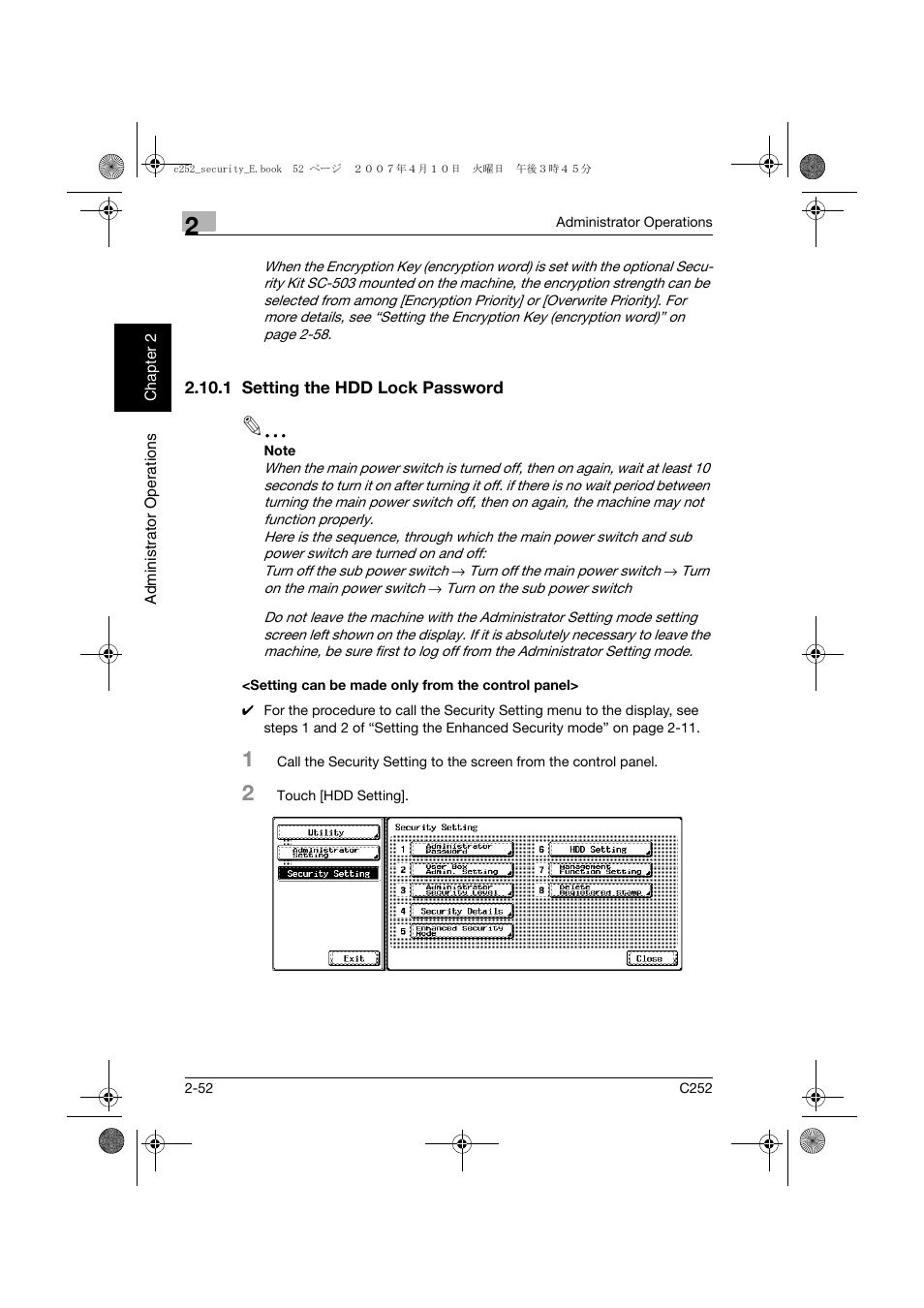 1 setting the hdd lock password, Setting can be made only from the control panel | Konica Minolta BIZHUB C252 User Manual | Page 71 / 188