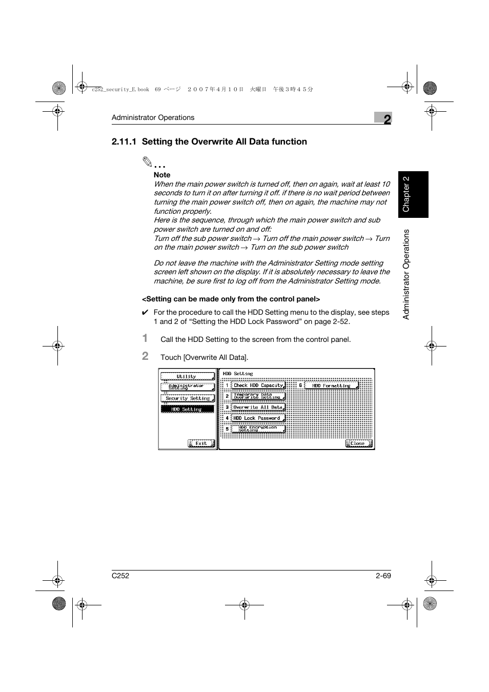 1 setting the overwrite all data function, Setting can be made only from the control panel | Konica Minolta BIZHUB C252 User Manual | Page 88 / 188