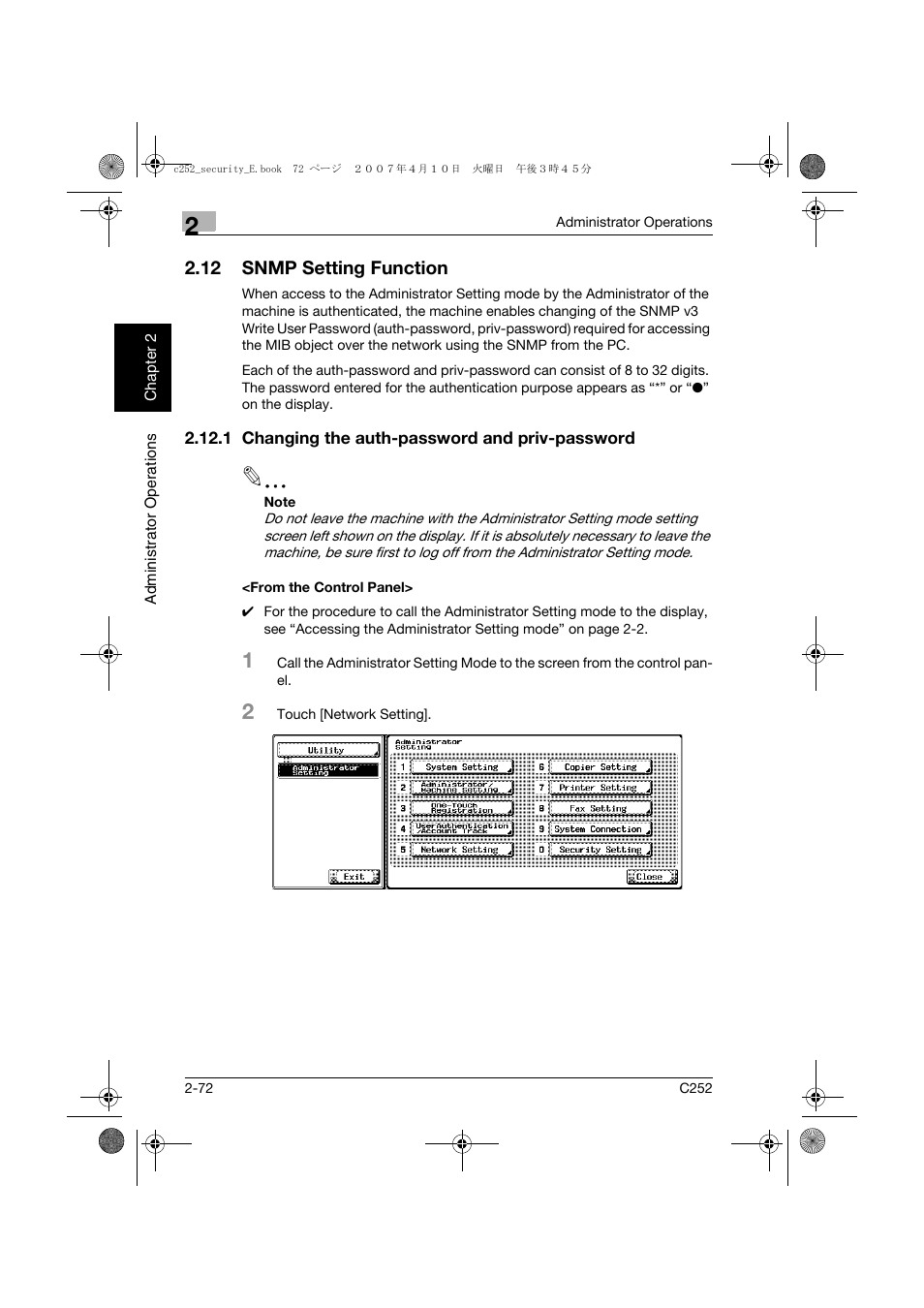 12 snmp setting function, 1 changing the auth-password and priv-password, From the control panel | Snmp setting function -72 | Konica Minolta BIZHUB C252 User Manual | Page 91 / 188