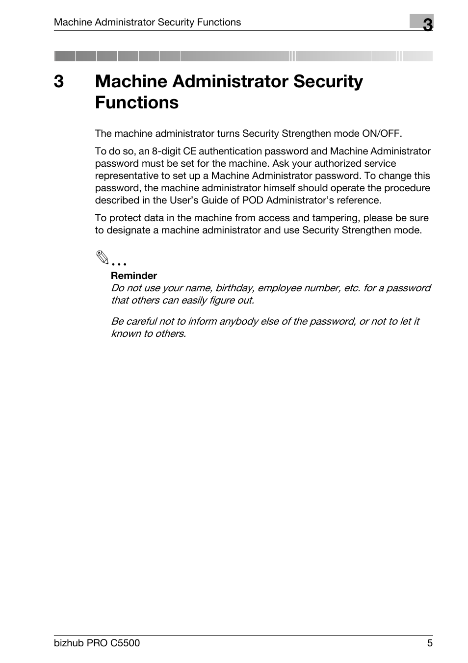 3 machine administrator security functions, Machine administrator security functions, 3machine administrator security functions | Konica Minolta bizhub PRO C5500 User Manual | Page 13 / 32