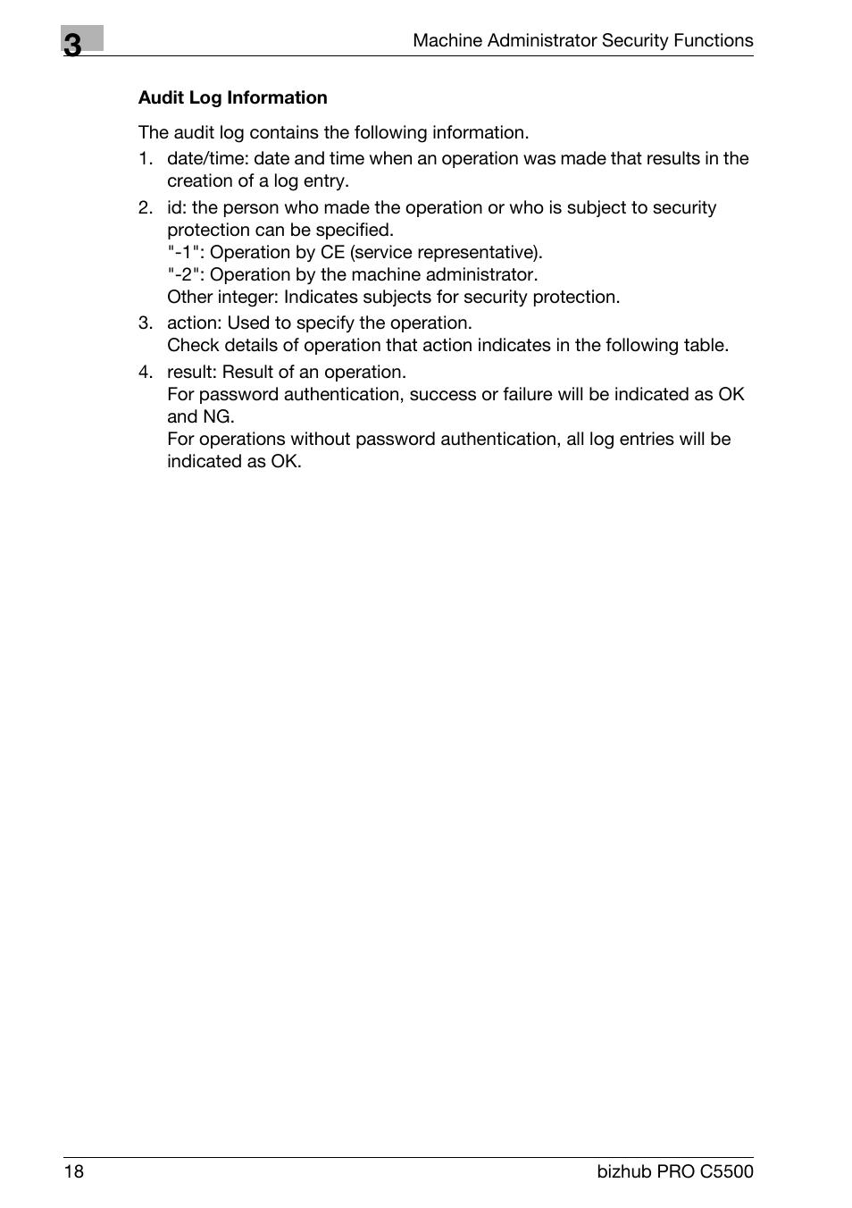 Audit log information | Konica Minolta bizhub PRO C5500 User Manual | Page 26 / 32
