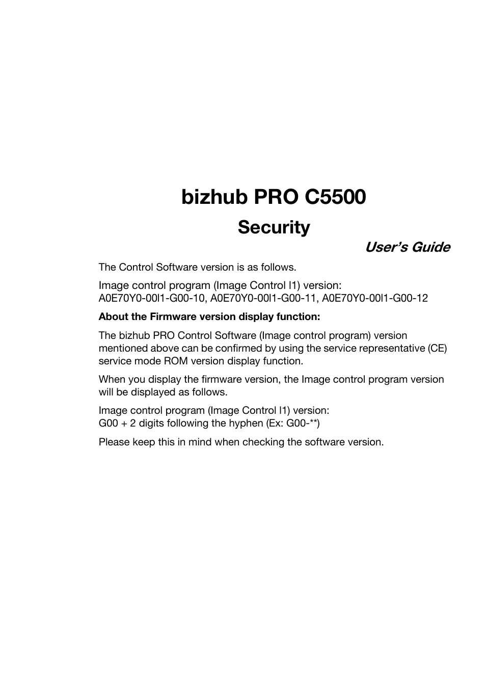 Bizhub pro c5500, Security, User’s guide | Konica Minolta bizhub PRO C5500 User Manual | Page 3 / 32