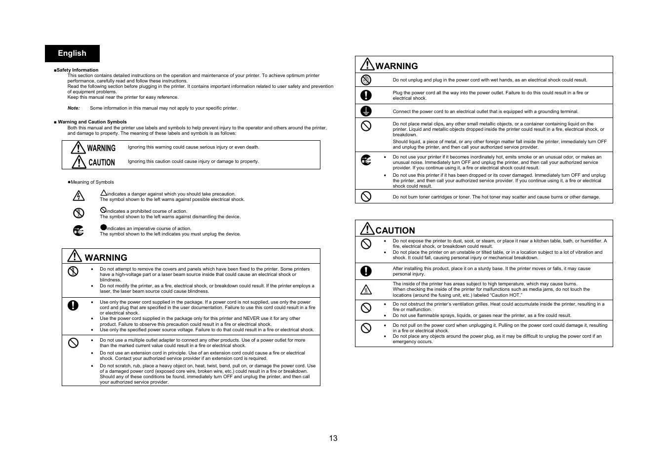 Warning, Caution, 13 english | Konica Minolta Magicolor 5430 User Manual | Page 13 / 56
